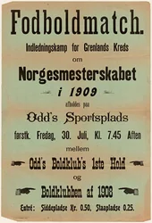 Fußballspiel. Eröffnungsspiel für den Grenlands-Kreis um die norwegische Meisterschaft 1909 auf Odd